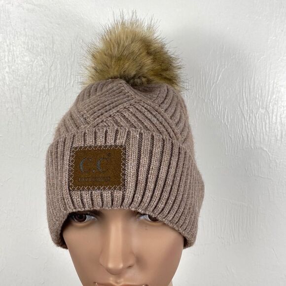 C.C Exclusives Taupe Pom Faux Fur Beanie - Picture 1 of 5